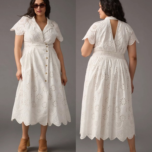 Maeve Anthropologie White Eyelet Button Front Midi Dress Women's Size M NWT‎
